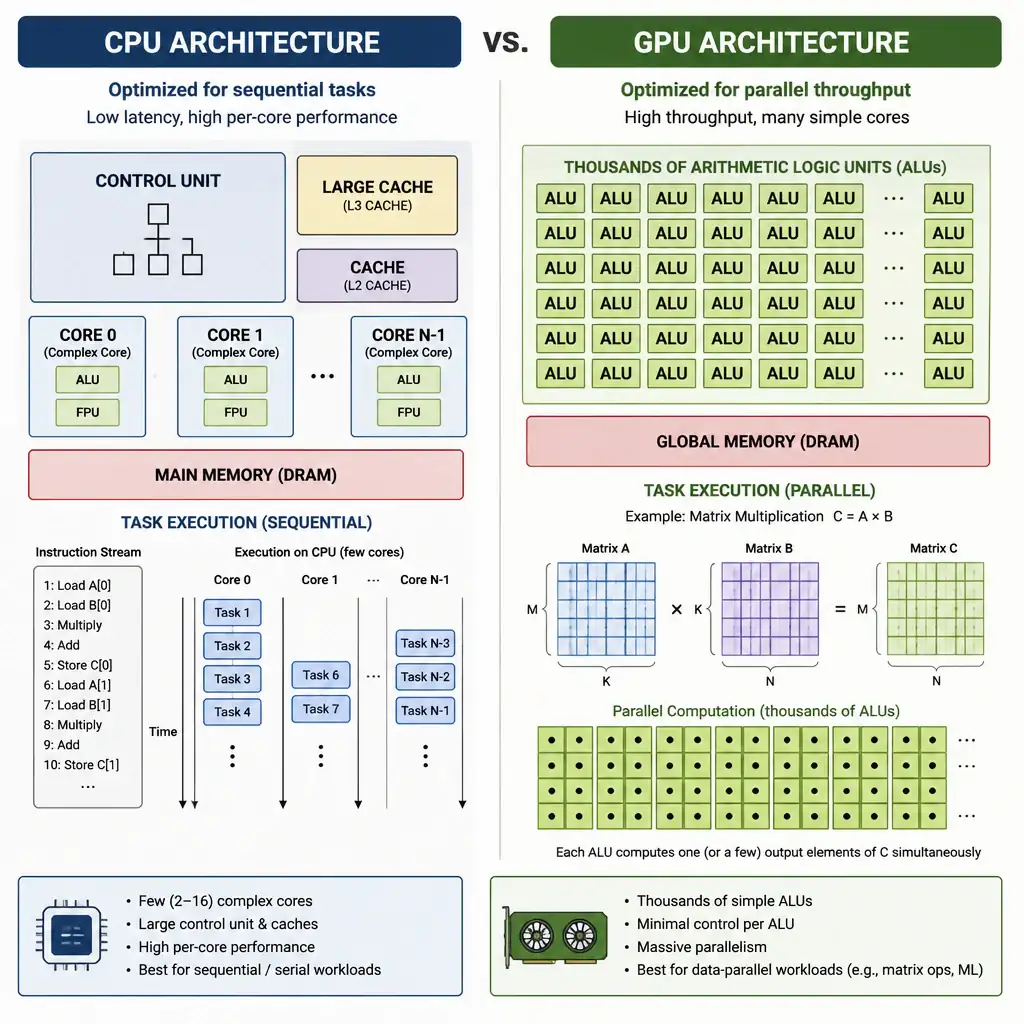 A side-by-side comparison diagram of CPU vs. GPU architectures. Show the CPU with a large control unit, a large cache, and a few complex cores handling tasks sequentially, and the GPU with thousands of small arithmetic logic units (ALUs) processing grid-like matrix multiplications in parallel.