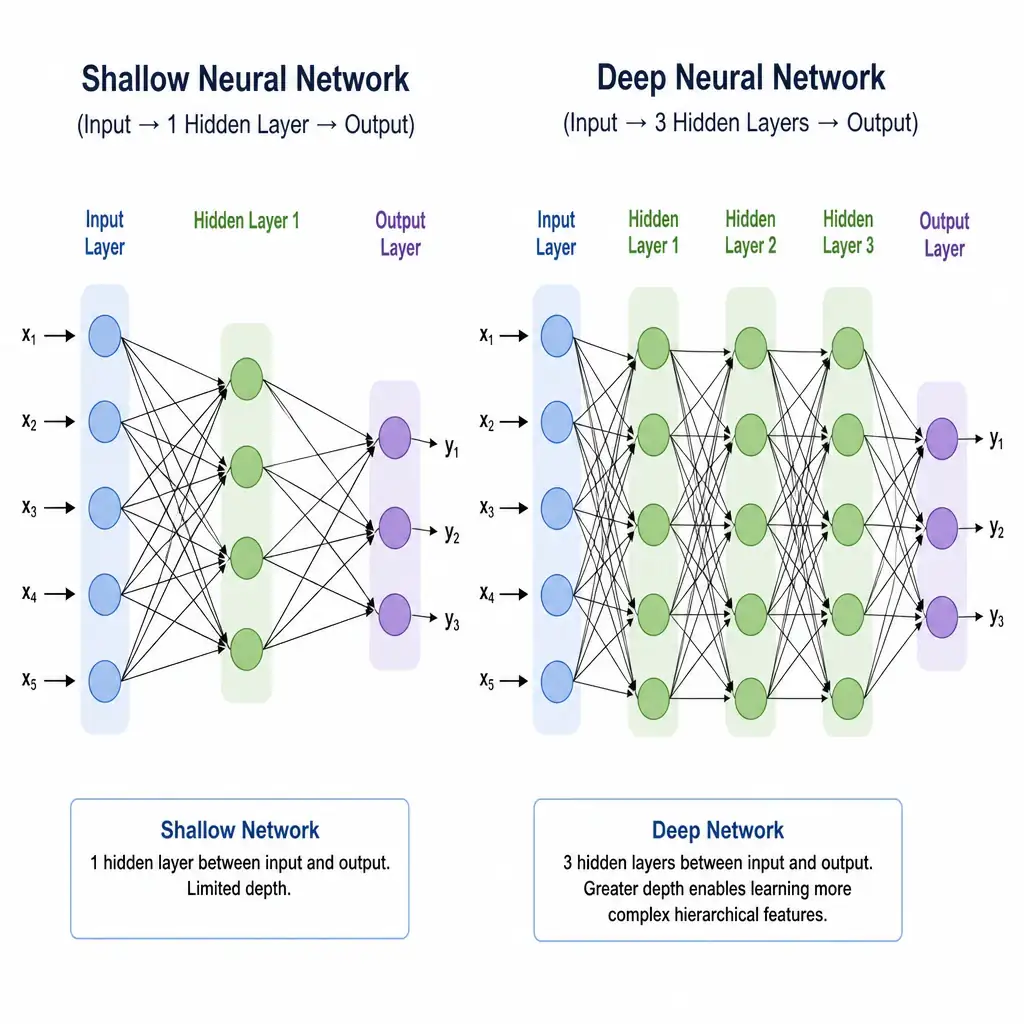 A side-by-side architectural diagram comparing a shallow network (Input -> 1 Hidden Layer -> Output) to a deep network (Input -> 3 Hidden Layers -> Output). Clearly label the hidden layers and show the forward connections between them to illustrate depth.