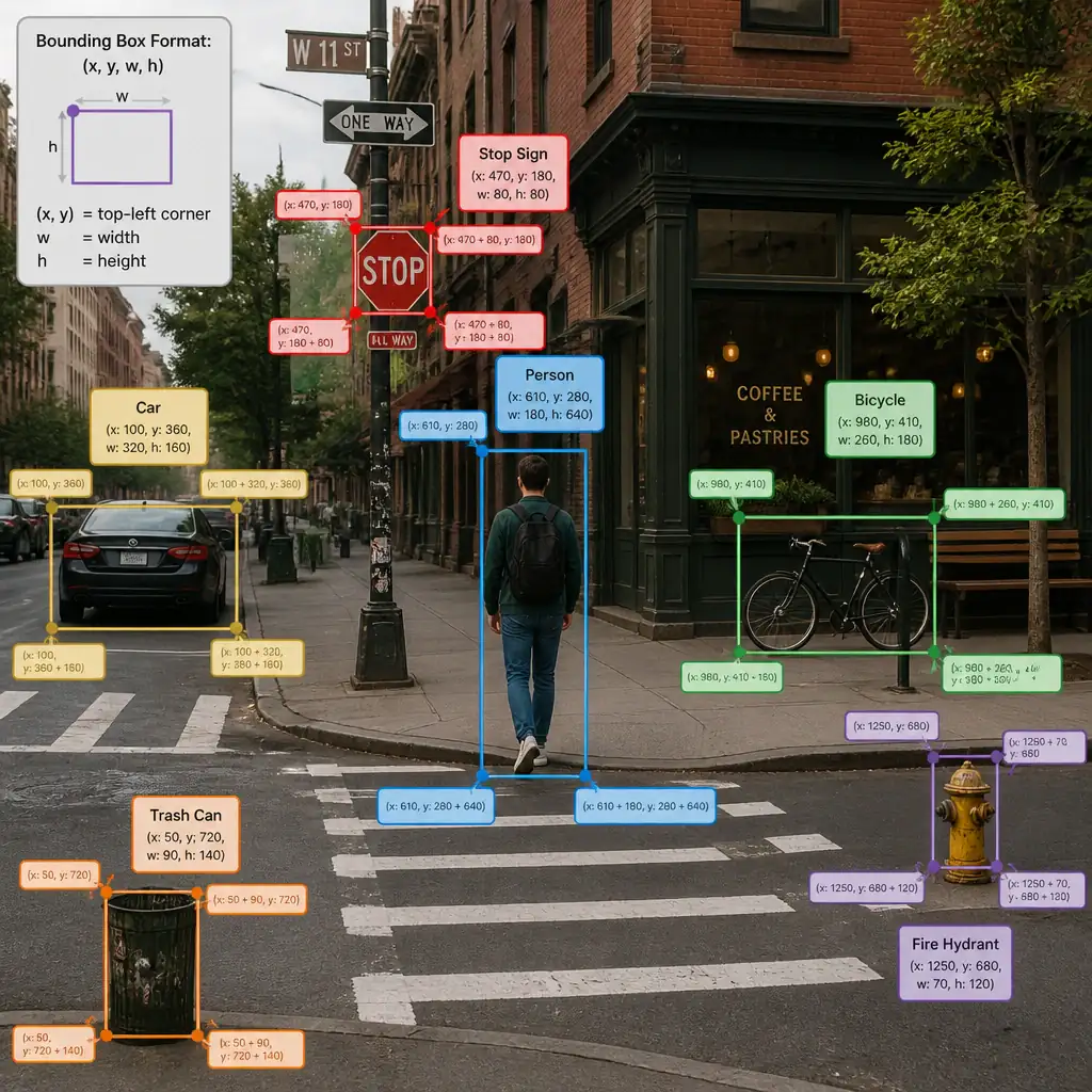 An image of a street corner with multiple objects (e.g., a person and a bicycle) enclosed in colored rectangular bounding boxes. Draw labels pointing to the corners of the rectangles showing the coordinate values (x, y, w, h) to illustrate how they define the objects' locations.