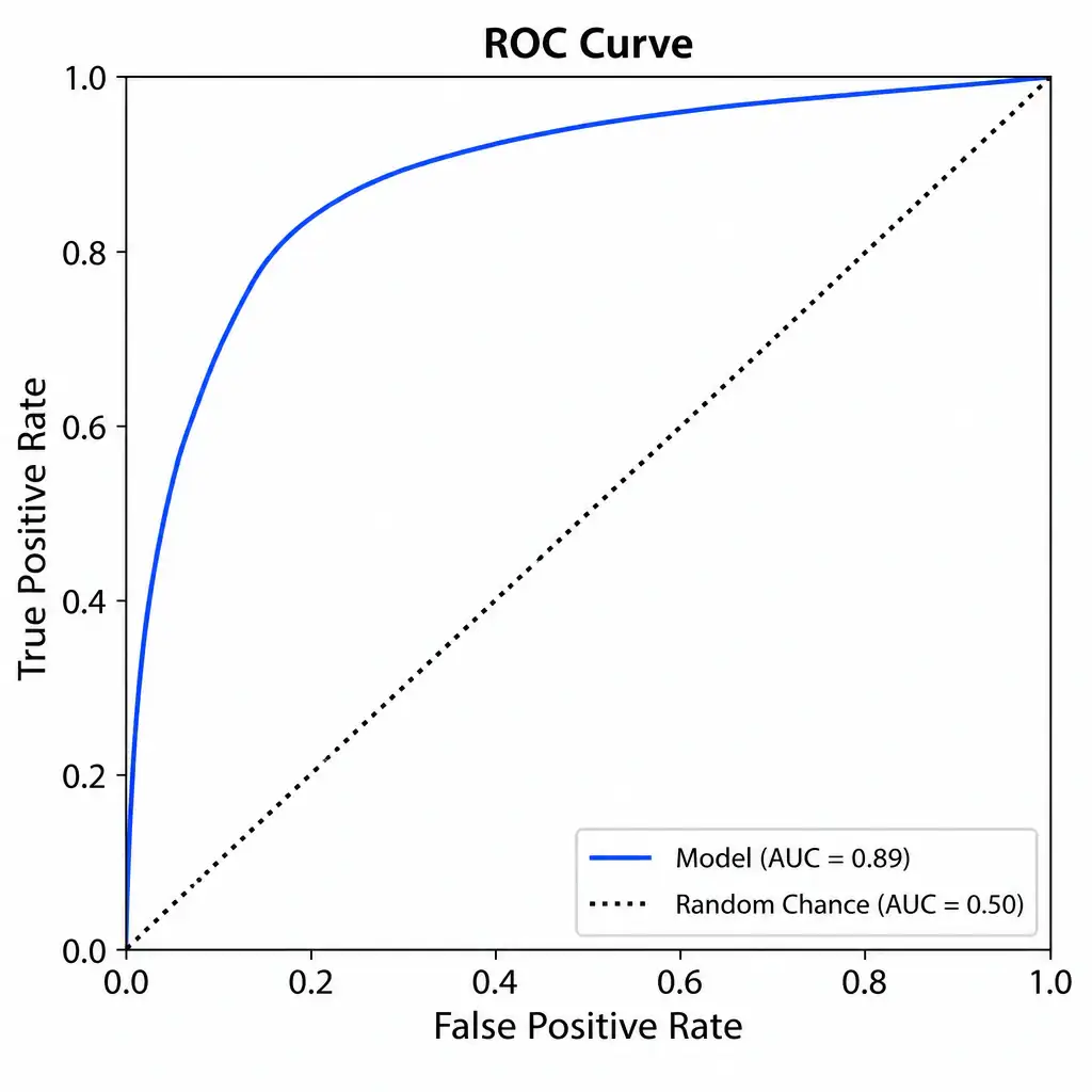 A standard ROC curve graph. Plot True Positive Rate on the y-axis and False Positive Rate on the x-axis. Include a diagonal dotted line from (0,0) to (1,1) representing random chance, and a solid curve bowing toward the top-left corner representing the model's performance.