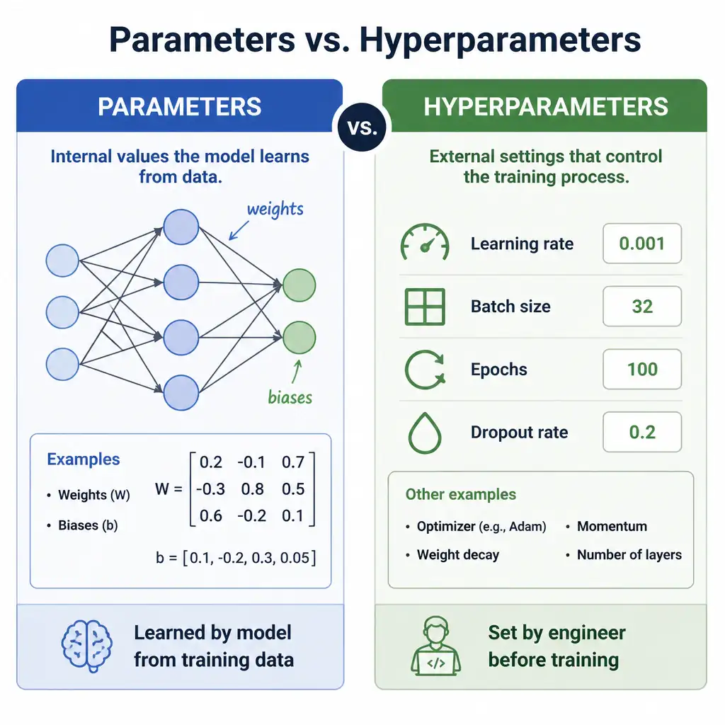 A diagram comparing Parameters vs. Hyperparameters. Show Parameters on one side (e.g., weights, biases) with the label 'Learned by model from training data', and Hyperparameters on the other side (e.g., learning rate, batch size, epochs) with the label 'Set by engineer before training'.