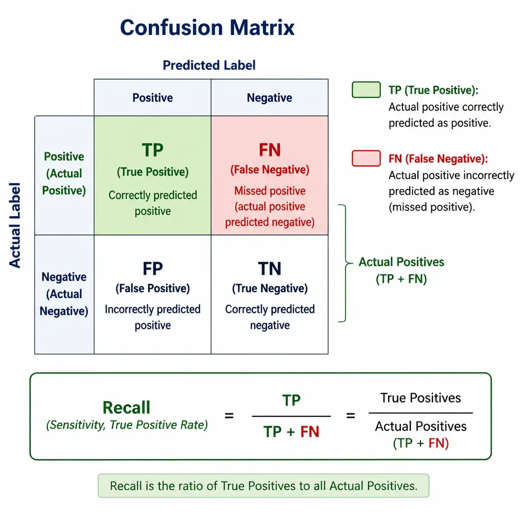 A diagram of a confusion matrix highlighting the True Positives (TP) and False Negatives (FN) regions, with the formula for Recall written clearly to show that it is the ratio of TP to the sum of TP and FN (actual positives).