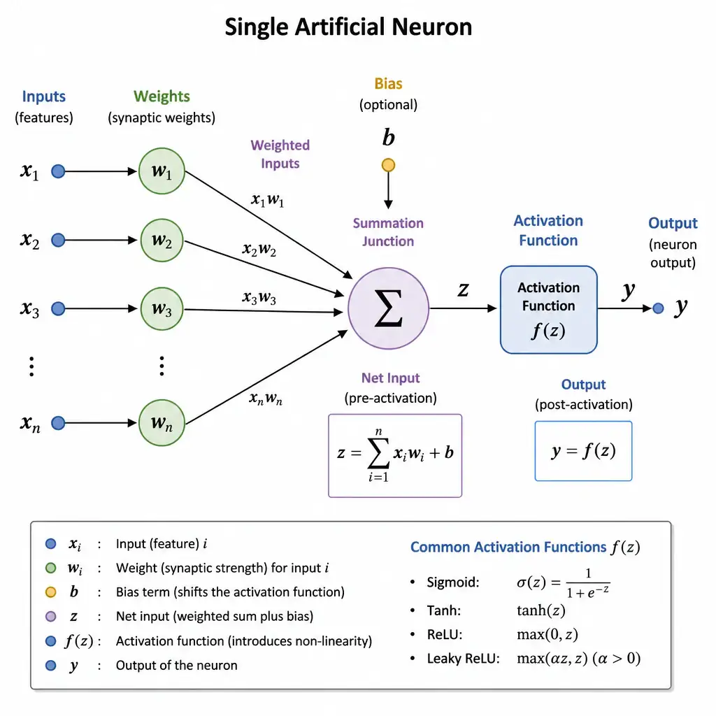 A detailed diagram of a single artificial neuron showing inputs ($x1, x2, \dots$) multiplied by weights ($w1, w2, \dots$), summing at a summation junction ($\sum$), and then passing through an 'Activation Function $f(z)$' block to generate the output $y$.