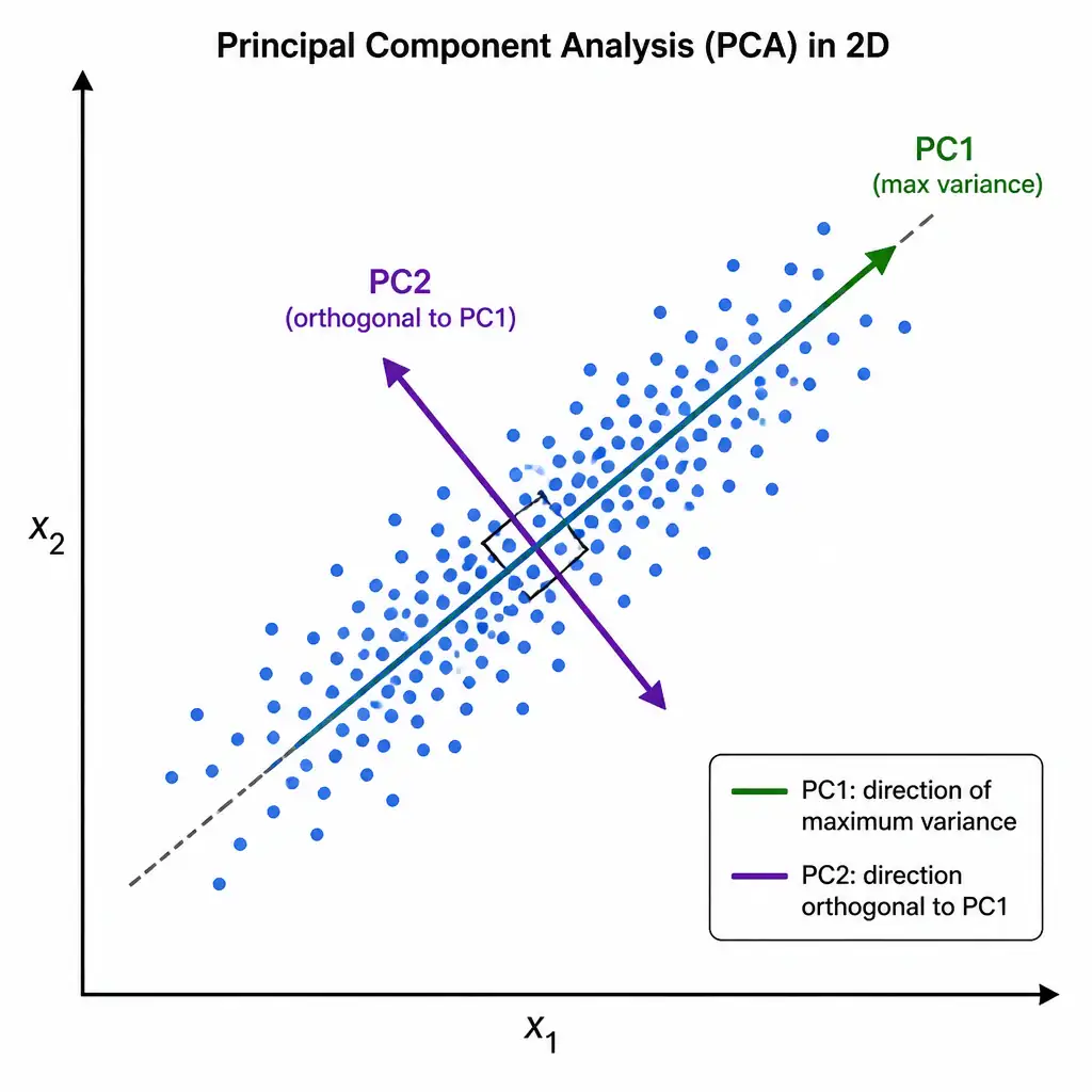 A coordinate transformation diagram showing a 2D scatter plot of data points with a diagonal trend, and the two principal component axes (PC1 and PC2) drawn orthogonally. PC1 should point along the direction of maximum variance, and PC2 should point along the perpendicular direction.