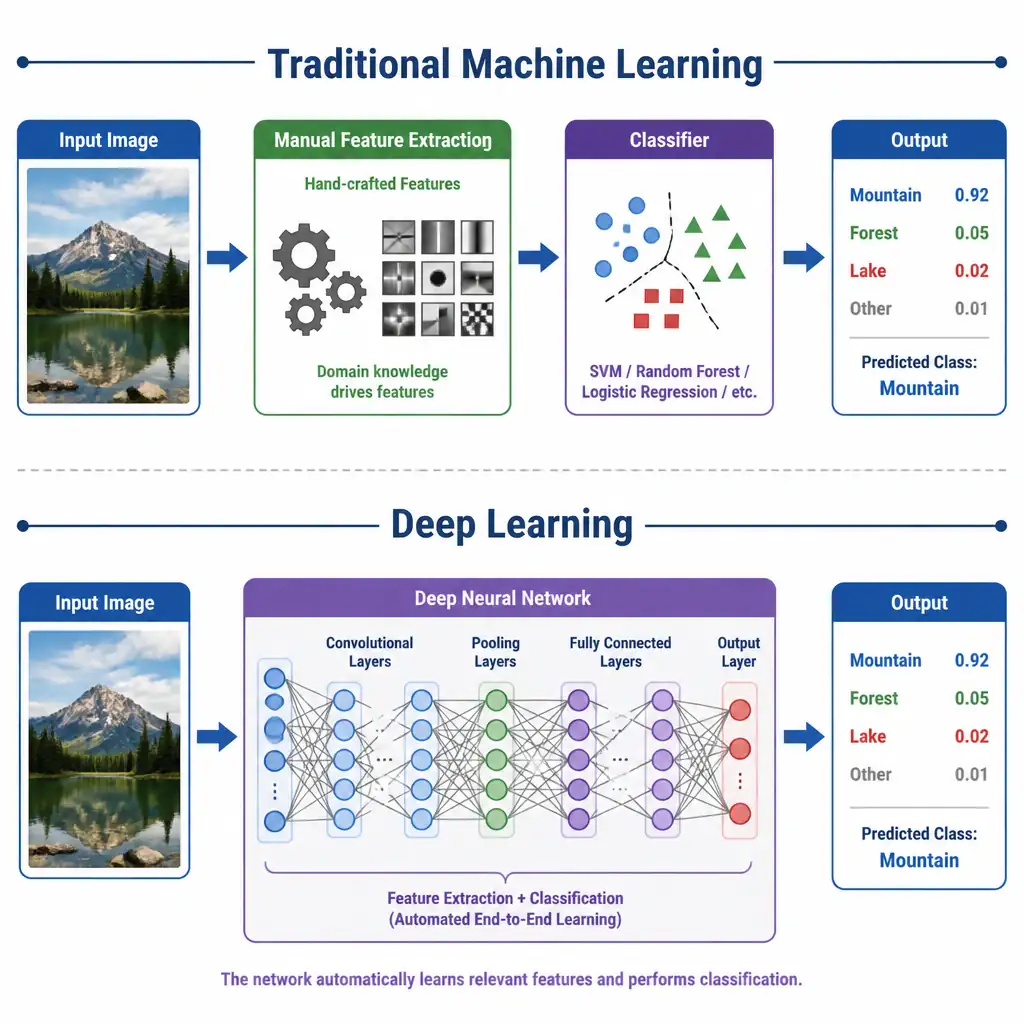 A diagram contrasting traditional machine learning with deep learning workflows. The top pipeline ("Traditional Machine Learning") shows an Input Image -> Manual Feature Extraction (depicting icons of gears and hand-crafted filters) -> Classifier -> Output. The bottom pipeline ("Deep Learning") shows an Input Image -> Deep Neural Network (where feature extraction and classification are merged inside a single box representing automated layers) -> Output.