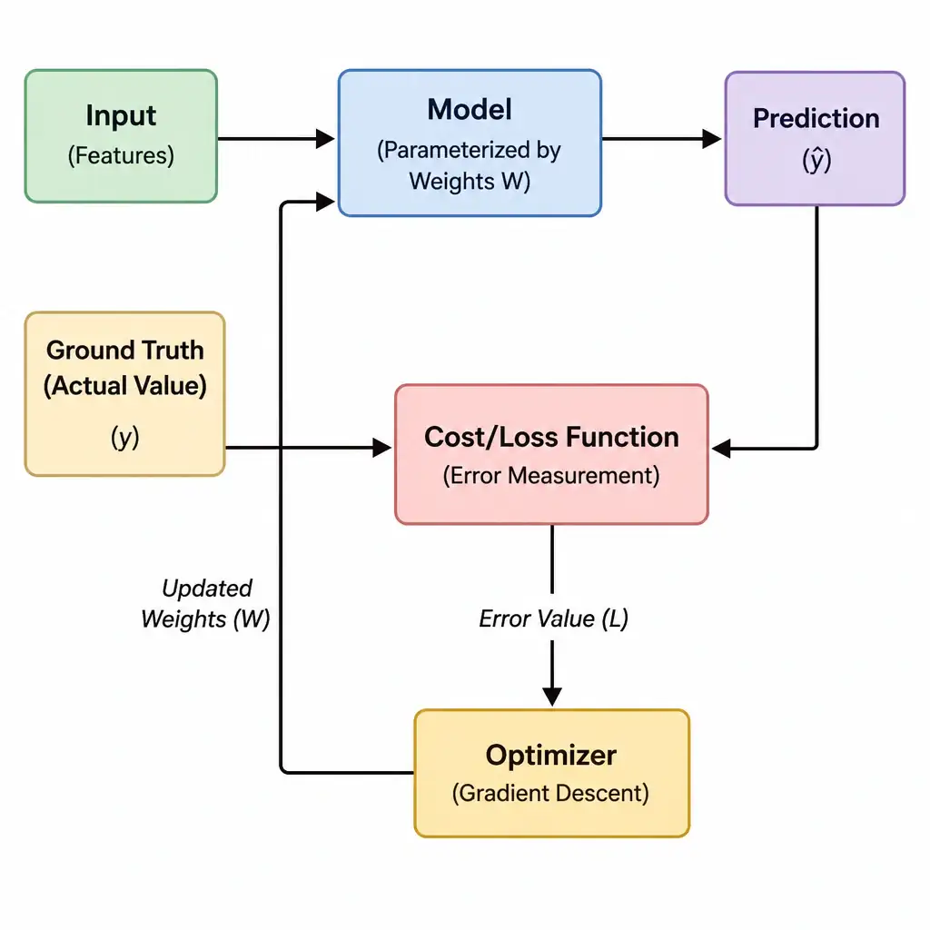 A flowchart diagram showing the feedback loop of supervised learning. A Model takes Input and produces a Prediction. The Prediction and the Ground Truth (Actual Value) both feed into a central box labeled "Cost/Loss Function (Error Measurement)". The output error value feeds into the "Optimizer (Gradient Descent)", which sends updated weights back to the Model.