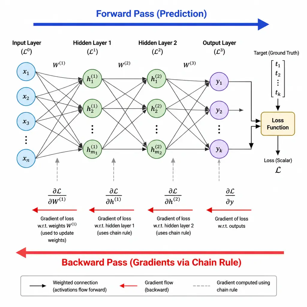 A diagram of a multi-layer neural network highlighting the backpropagation process. Thick arrows labeled "Forward Pass (Prediction)" point from left to right through the input, hidden, and output layers. Reverse arrows labeled "Backward Pass (Gradients via Chain Rule)" point from right to left, showing the error gradient flowing backward from the loss calculation to the weights.