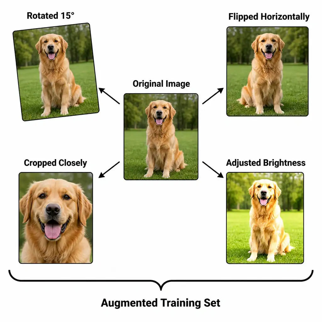 A central image of a dog labeled "Original Image" with multiple arrows pointing to surrounding modified versions: one rotated 15 degrees, one flipped horizontally, one cropped closely, and one with adjusted brightness. A bracket groups them all together under the label "Augmented Training Set".