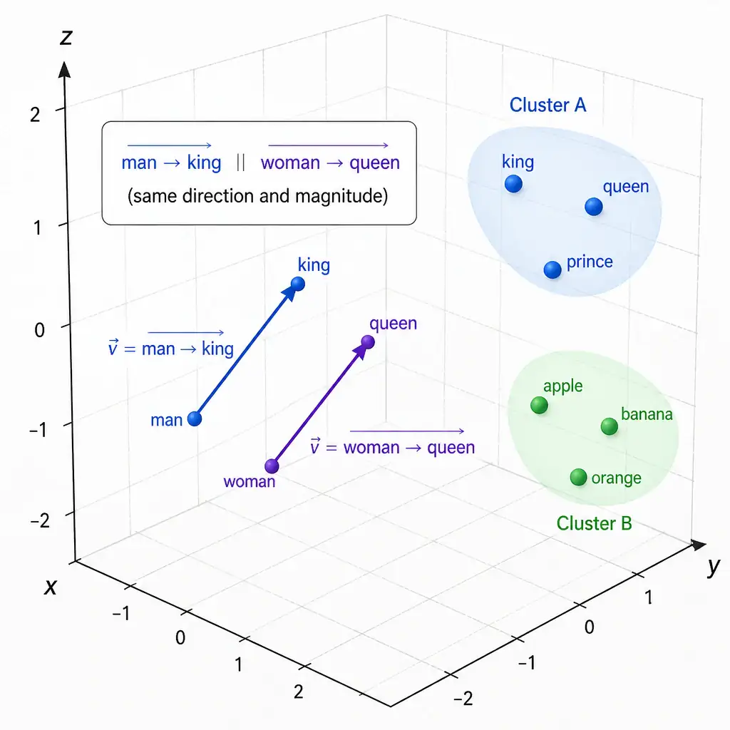 A 3D coordinate grid showing word vectors plotted as points. Cluster A shows "king", "queen", "prince" grouped close together. Cluster B shows "apple", "banana", "orange" grouped together. Arrows indicate semantic vector operations, showing the vector offset from "man" to "king" is parallel to the offset from "woman" to "queen".