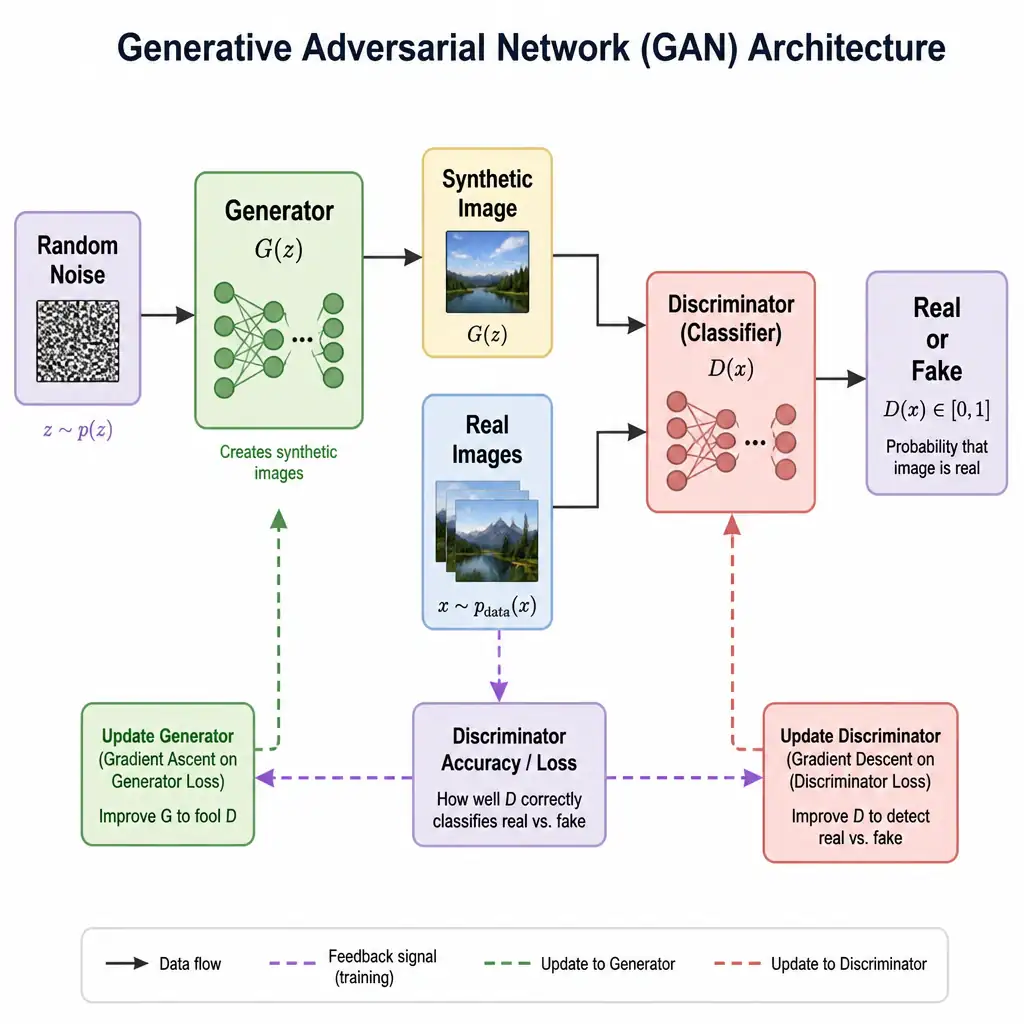 A diagram illustrating a GAN architecture. Random Noise feeds into a "Generator" box, which outputs "Synthetic Image". The "Synthetic Image" and "Real Images" both feed into a "Discriminator (Classifier)" box, which outputs "Real or Fake" predictions. Feedback loop arrows show training updates adjusting both networks based on the discriminator's accuracy.