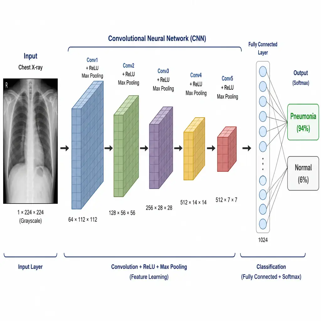 A diagram showing a chest X-ray image feeding into a Convolutional Neural Network (CNN). The CNN layers are depicted as a series of decreasing 3D feature map volumes (representing convolution and pooling steps), ending in a fully connected layer that outputs a classification probability label: "Pneumonia (94%)" or "Normal (6%)".