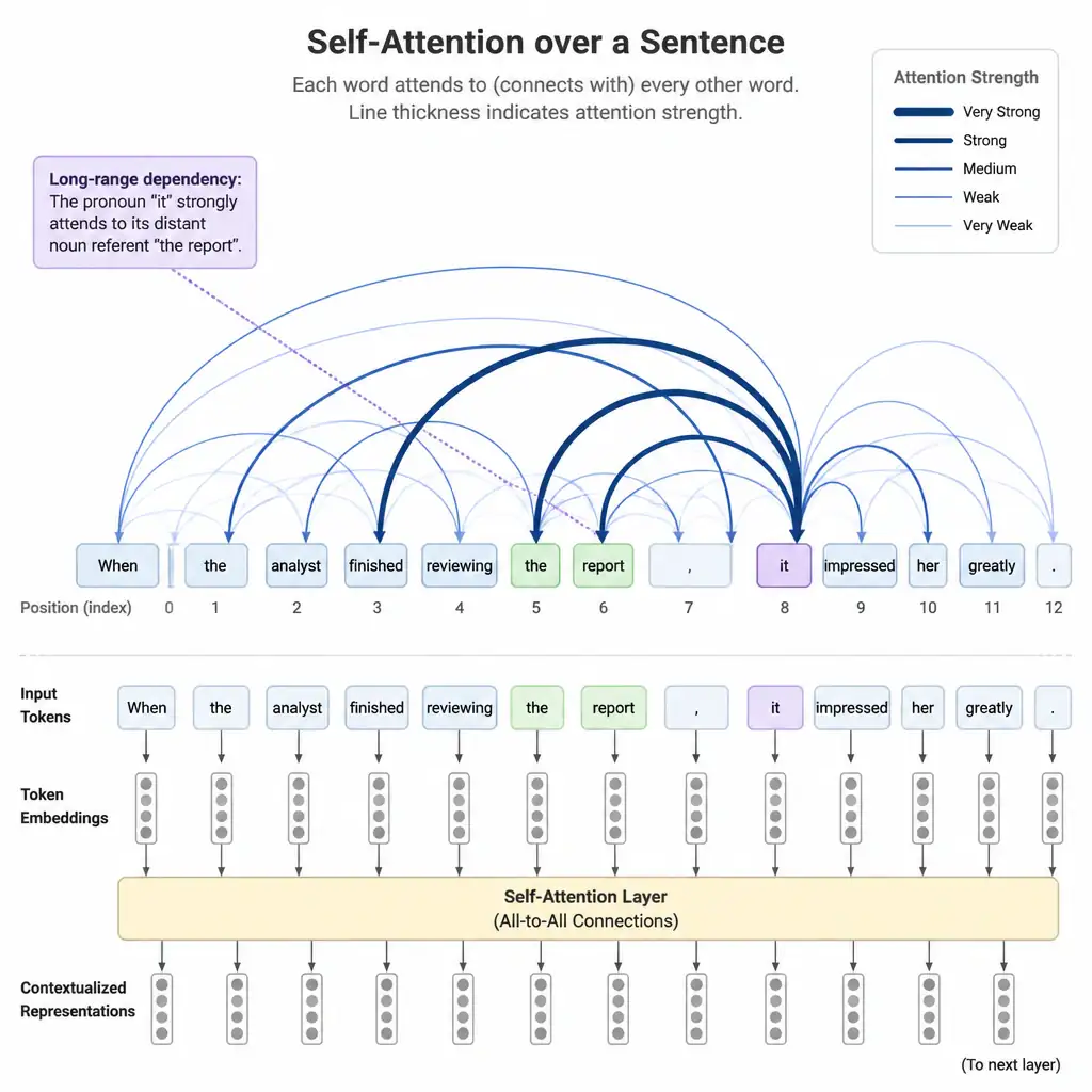 A conceptual diagram of a sentence being processed by self-attention, showing lines of varying thickness connecting non-adjacent words (such as a pronoun and its distant noun referent) to illustrate long-range dependency mapping.