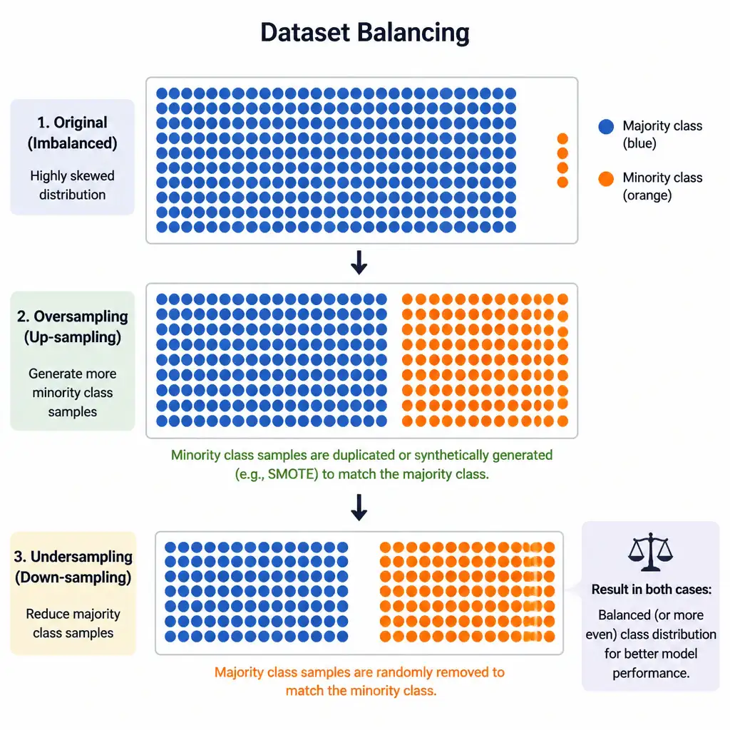 A visual representation of dataset balancing, showing a highly skewed distribution (a giant block of blue dots and a tiny sliver of orange dots) alongside the results of oversampling (more orange dots generated) and undersampling (blue dots reduced) to create an even distribution.