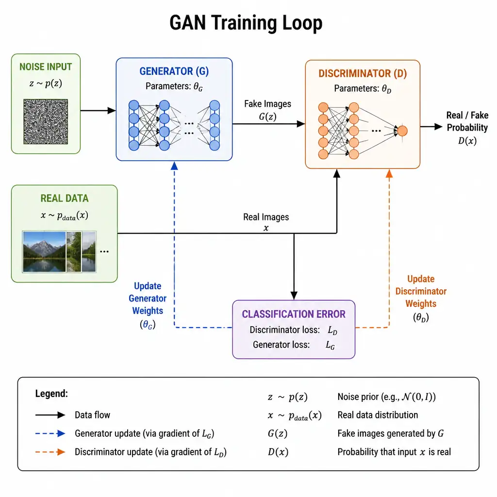A block diagram of the GAN training loop showing the generator receiving noise to produce fake images, the discriminator receiving both fake images and real images, and the feedback loops updating the weights of both networks based on classification error.