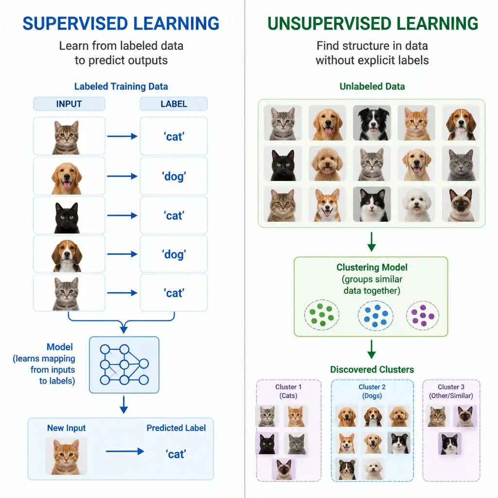 A split diagram showing supervised learning on the left (inputs matched with explicit labels like 'cat' or 'dog' feeding into a model) and unsupervised learning on the right (unlabeled inputs feeding into a clustering model that groups them into clusters based on similarity).