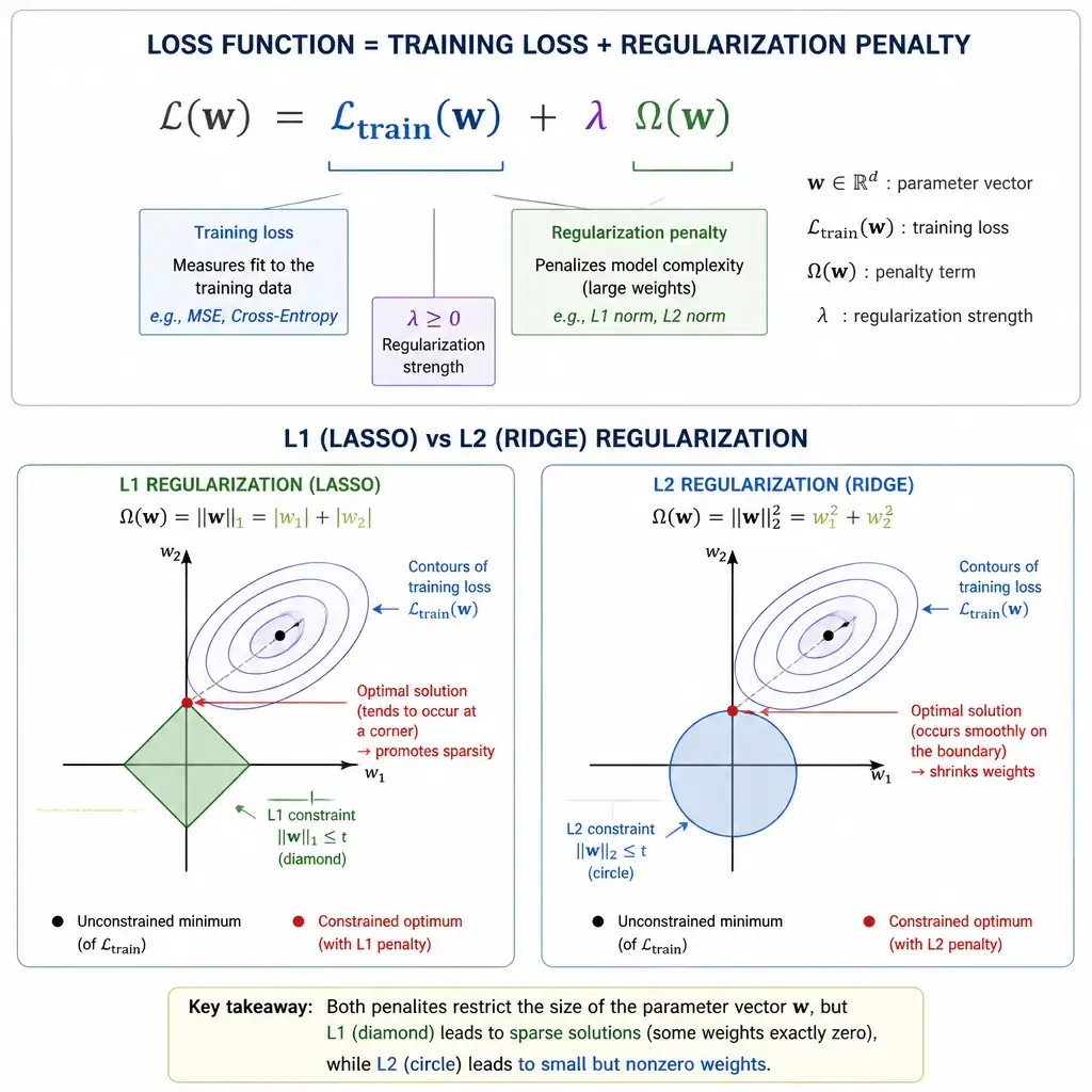 A mathematical representation of a loss function showing the addition of a training loss term and a regularization penalty term, with a graphical comparison of L1 (diamond constraint) and L2 (circular constraint) parameter spaces.