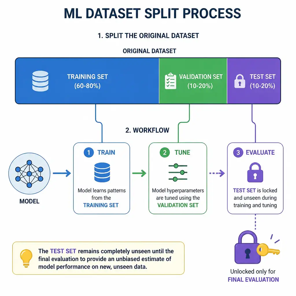 A diagram of the machine learning dataset split process. A large block representing the original dataset is divided into three distinct segments: Training Set (60-80%), Validation Set (10-20%), and Test Set (10-20%). An arrow shows the model training on the training set, tuning on the validation set, and finally, a single lock-and-key icon showing the test set remains locked until the final evaluation phase.