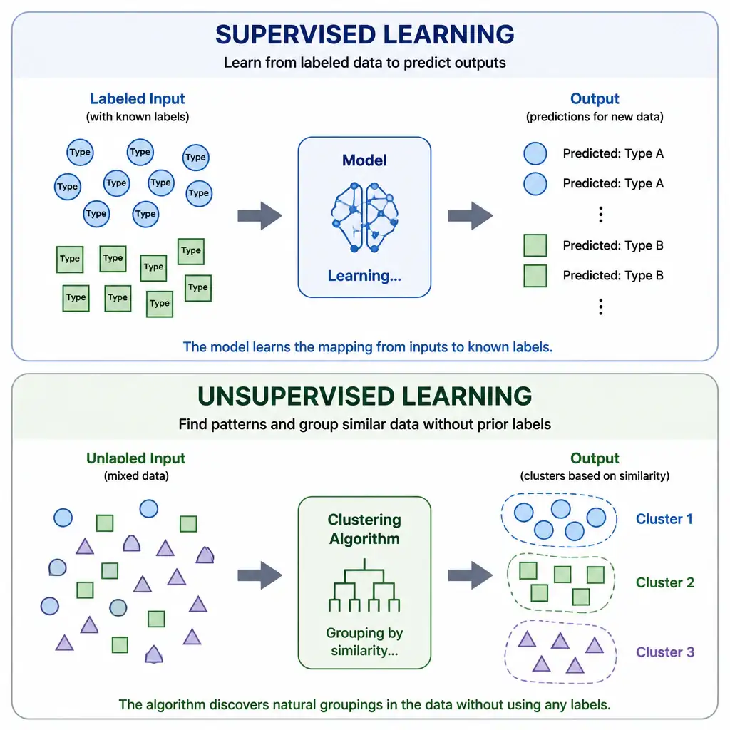 A diagram comparing supervised and unsupervised learning. The top half shows supervised learning with labeled inputs (e.g., circles labeled 'Type A' and squares labeled 'Type B') going into a model to learn. The bottom half shows unsupervised learning with a mixed, unlabeled group of shapes going into a clustering algorithm, which outputs sorted clusters based on similarity without prior labels.