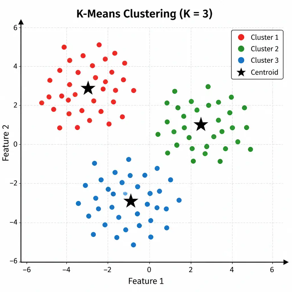 A visual of the K-Means clustering process. It shows a 2D scatter plot where data points are colored according to three distinct clusters (red, green, and blue), with three corresponding star icons representing the cluster centroids, illustrating how points are grouped around their nearest center.