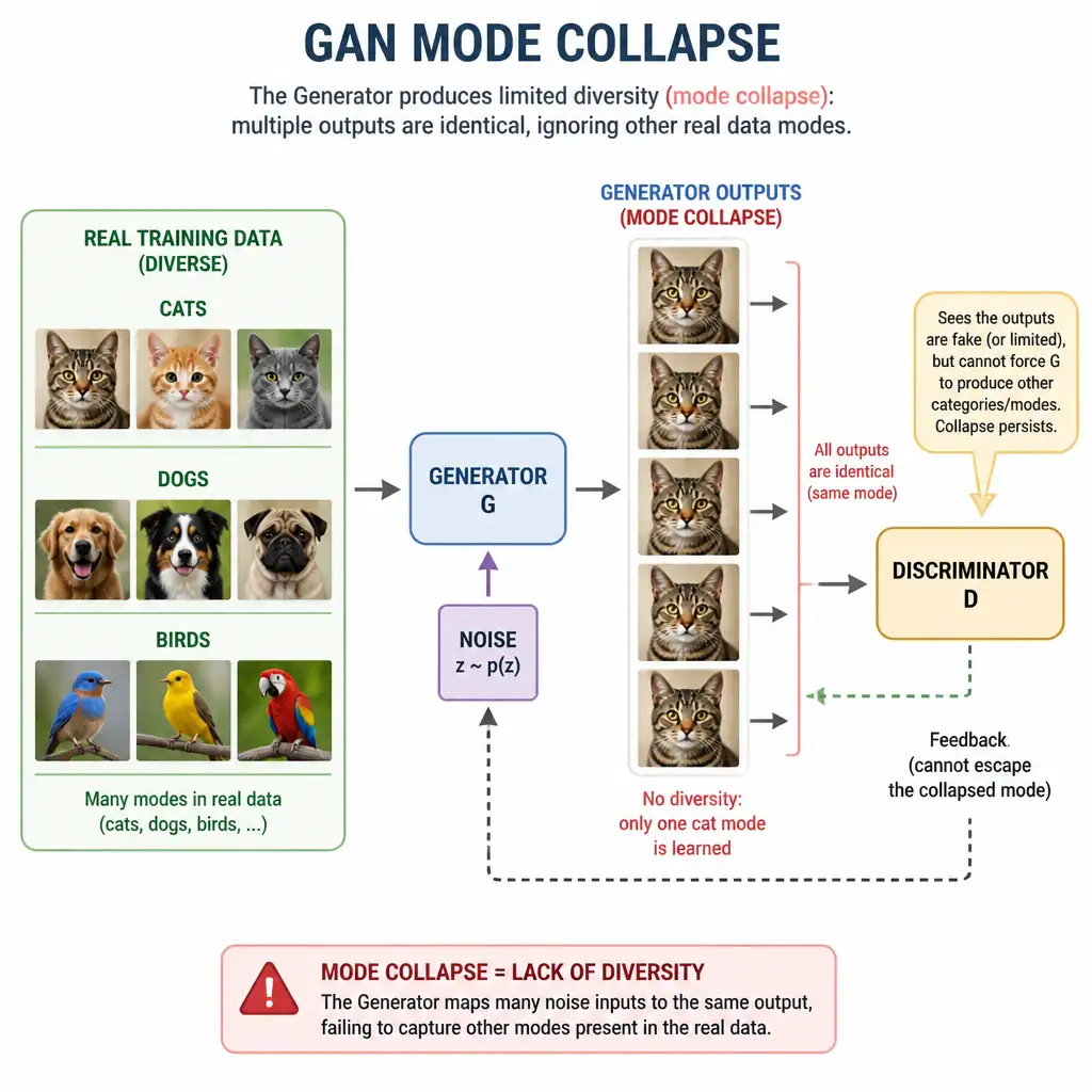 A diagram depicting GAN Mode Collapse. On one side, a target training dataset shows diverse images (cats, dogs, birds). On the other side, the Generator is shown outputting multiple copies of the exact same cat image, with the Discriminator unable to force the Generator to produce other categories, illustrating the lack of diversity.