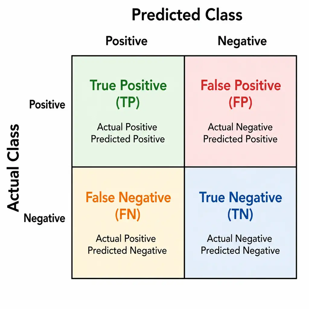 A 2x2 grid representing a Confusion Matrix. The columns are labeled "Predicted Class (Positive/Negative)" and the rows are labeled "Actual Class (Positive/Negative)". The cells inside show the four quadrants: True Positive (TP), False Positive (FP), False Negative (FN), and True Negative (TN), highlighting how prediction errors are categorized.