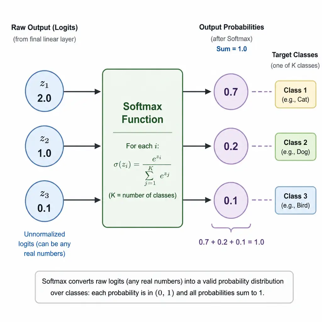 A diagram of a neural network's final layers. On the left are raw output nodes (logits with values like 2.0, 1.0, 0.1). These flow into a "Softmax Function" block, which outputs normalized probabilities (e.g., 0.7, 0.2, 0.1) that sum to 1.0, showing the mapping to three target classes.