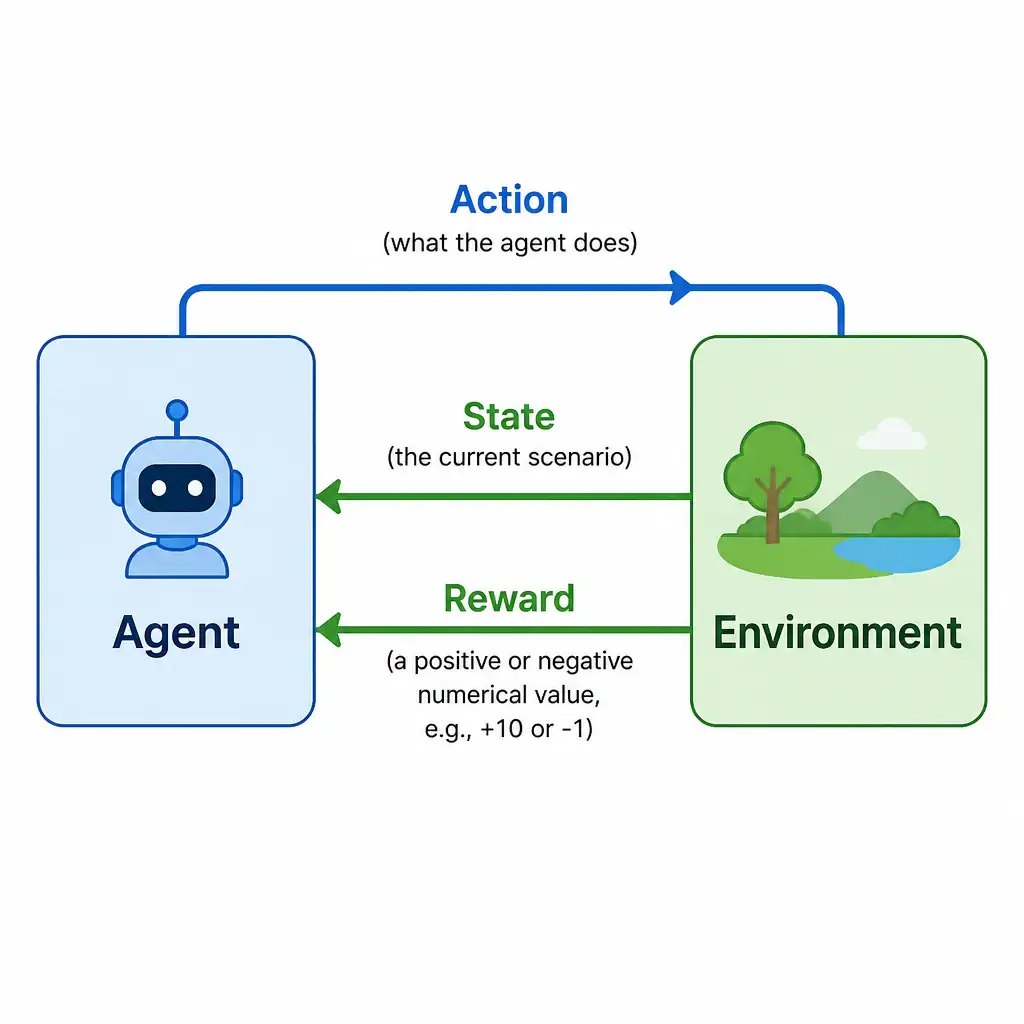 A diagram of the Reinforcement Learning feedback loop. An "Agent" block sends an "Action" arrow to the "Environment" block. The "Environment" block sends back two arrows to the "Agent": "State" (the current scenario) and "Reward" (a positive or negative numerical value representing feedback, like +10 or -1), showing how the loop works.