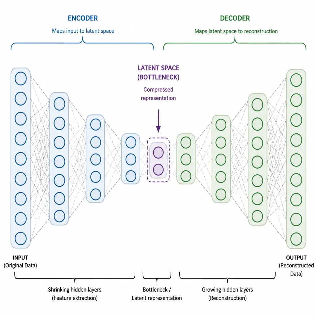 A diagram of an encoder-decoder architecture, showing an input layer passing through shrinking hidden layers (the encoder) to a central narrow bottleneck layer (the latent space or representation), which then expands through growing hidden layers (the decoder) to output a reconstructed version of the input. Labels should highlight the bottleneck/latent representation.