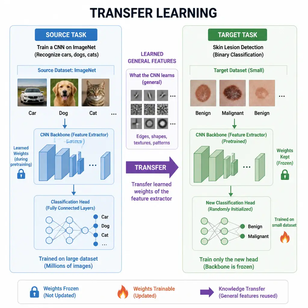 A diagram illustrating Transfer Learning. Show a "Source Task" (e.g., training a CNN on ImageNet to recognize cars, dogs, and cats) where the model learns "General Features" (edges, shapes). Show these learned features being transferred to a "Target Task" (e.g., skin lesion detection) where the weights are kept, and only the final classification head is trained on a small target dataset.