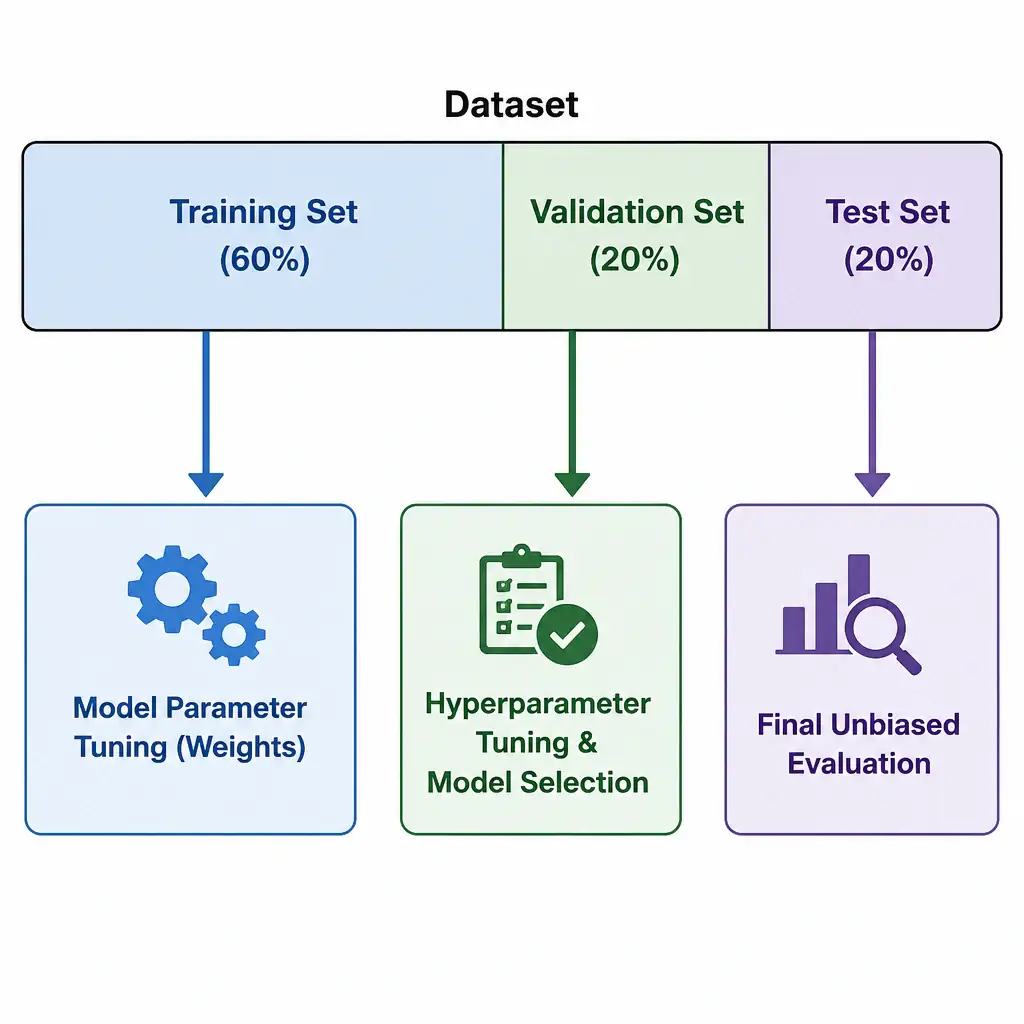 A diagram showing a dataset split into three distinct blocks: Training Set (60%), Validation Set (20%), and Test Set (20%). Flow arrows show the Training Set feeding into "Model Parameter Tuning (Weights)", the Validation Set feeding into "Hyperparameter Tuning & Model Selection", and the Test Set feeding into "Final Unbiased Evaluation".