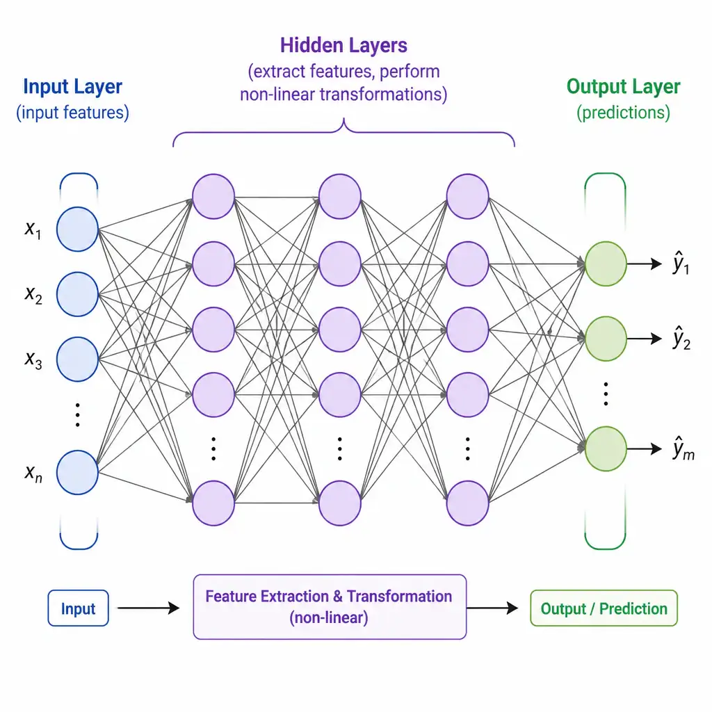 A diagram of a fully connected neural network highlighting the three main parts: an Input Layer (left), Hidden Layers (middle, with multiple layers highlighted), and an Output Layer (right). Labels should point to the middle layers, designating them as "Hidden Layers (extract features, perform non-linear transformations)".