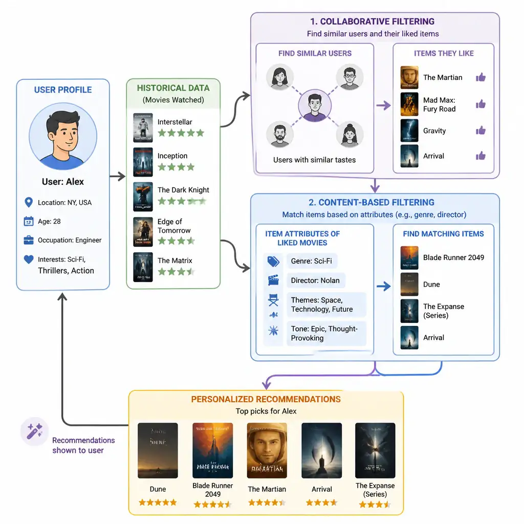 An illustration of a Recommender System. Show a user profile connected to historical data (e.g., movies watched). Show two paths: Collaborative Filtering (finding similar users and their liked items) and Content-Based Filtering (matching item attributes like genre). Both paths converge into a "Personalized Recommendations" box pointing back to the user with suggested items.