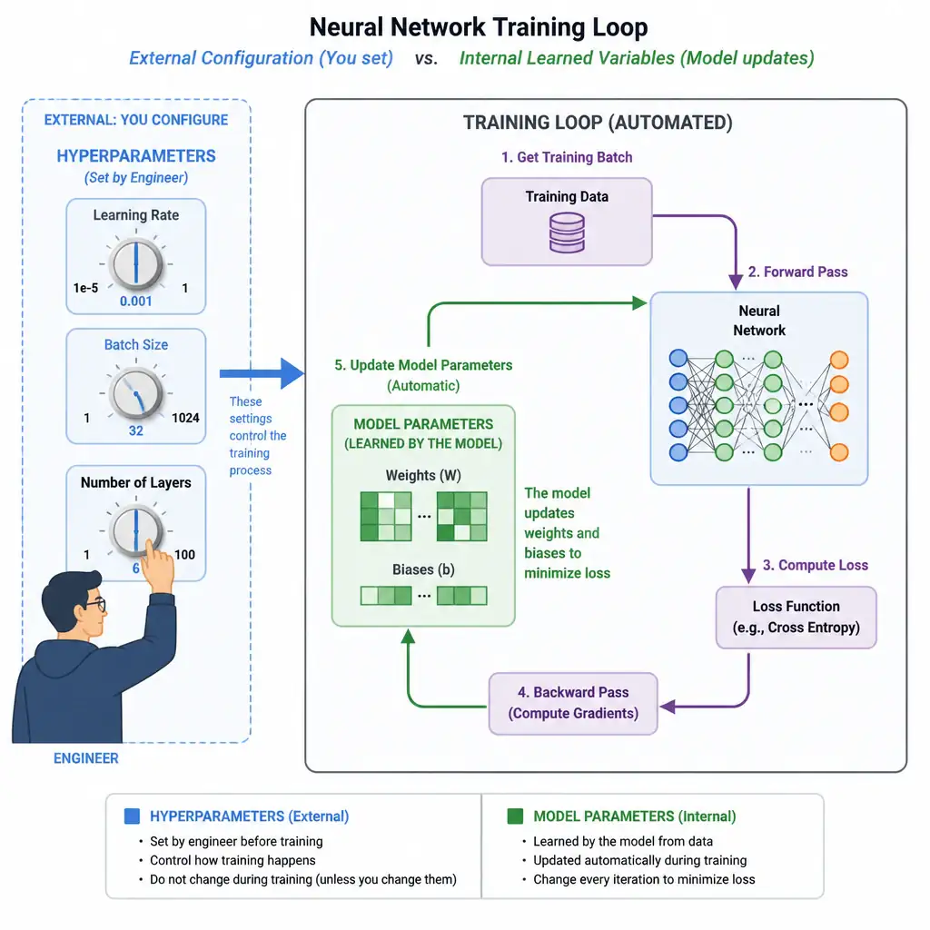 A diagram of a neural network training loop. On the outside, an engineer adjusts knobs labeled 'Learning Rate', 'Batch Size', and 'Number of Layers' (labeled as Hyperparameters). Inside the training loop, the network automatically updates its 'Weights' and 'Biases' (labeled as Model Parameters) based on the training data, clearly showing the difference between external configuration and internal learned variables.