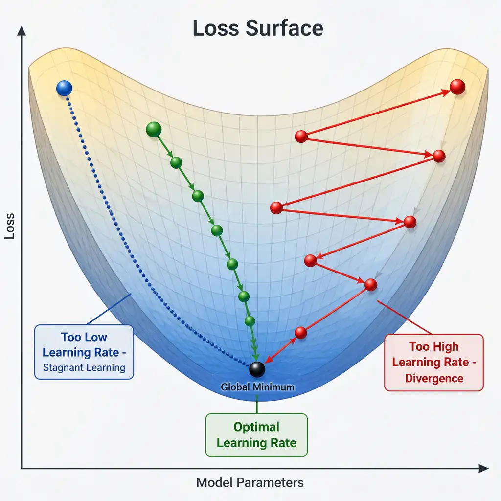 A loss surface diagram (a U-shaped curve or valley). One path shows a ball taking microscopic, barely visible steps down the slope, labeled 'Too Low Learning Rate - Stagnant Learning'. Another path shows a ball jumping wildly back and forth across the valley, labeled 'Too High Learning Rate - Divergence'. A third path shows a ball taking moderate, efficient steps to the bottom, labeled 'Optimal Learning Rate'.