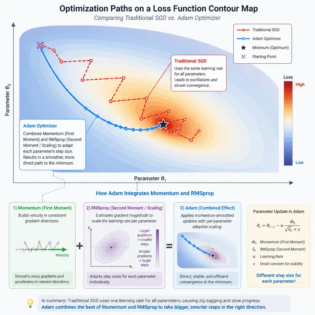 A comparison chart of optimization paths on a contour map of a loss function. Traditional SGD is shown taking a slow, oscillating path to the minimum. The Adam optimizer is shown taking a direct, smooth path, with visual callouts indicating the integration of 'Momentum (First Moment)' and 'RMSprop (Second Moment / Scaling)' to adjust individual parameter step sizes.