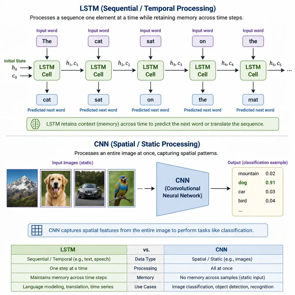 A sequence of words entering an LSTM block one by one (e.g., 'The', 'cat', 'sat', 'on', 'the'). The LSTM block retains memory across time steps to generate the next word in the sequence or translate it. In contrast, static images are shown entering a CNN block, highlighting the difference between sequential/temporal processing (LSTM) and spatial/static processing (CNN).