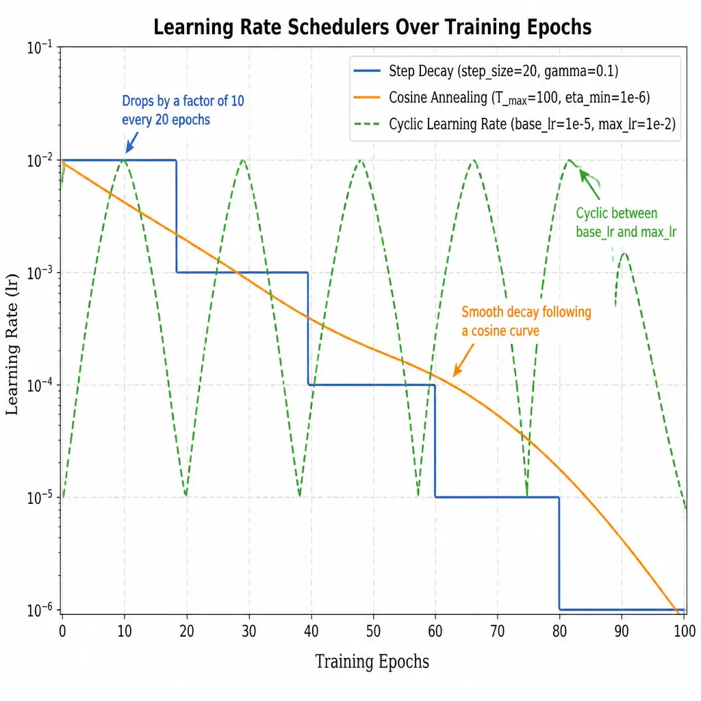A graph showing the relationship between training epochs (X-axis) and learning rate (Y-axis). Different scheduler curves are plotted (e.g., Step Decay, Cosine Annealing, and a Cyclic Learning Rate), illustrating how the learning rate changes automatically over time to guide the training process.