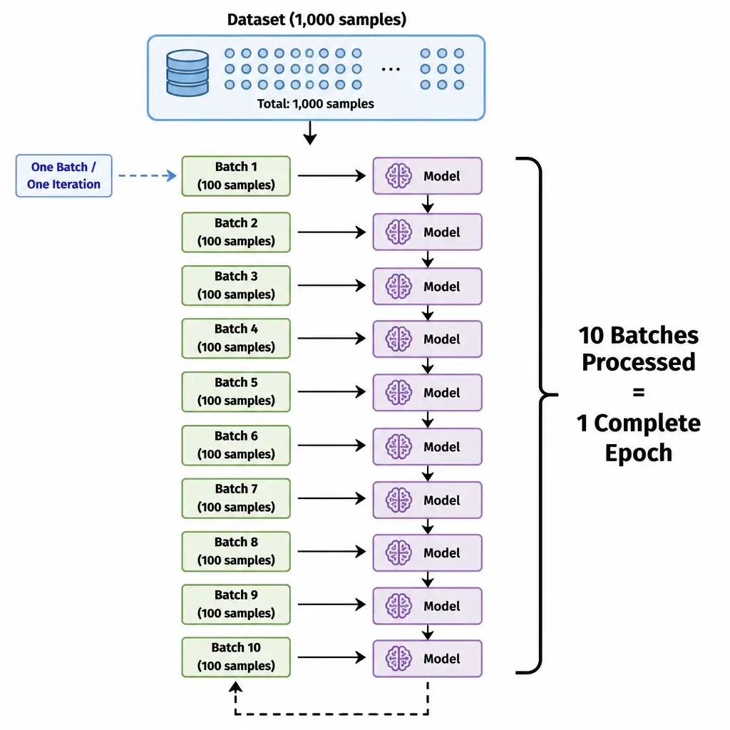 A flowchart diagram showing a dataset of 1,000 samples. The dataset is divided into 10 batches of 100 samples. The diagram shows the model iterating through Batch 1, Batch 2, ..., up to Batch 10. A bracket wraps around all 10 batches with a bold label: '10 Batches Processed = 1 Complete Epoch', clearly distinguishing a single batch/iteration from an epoch.