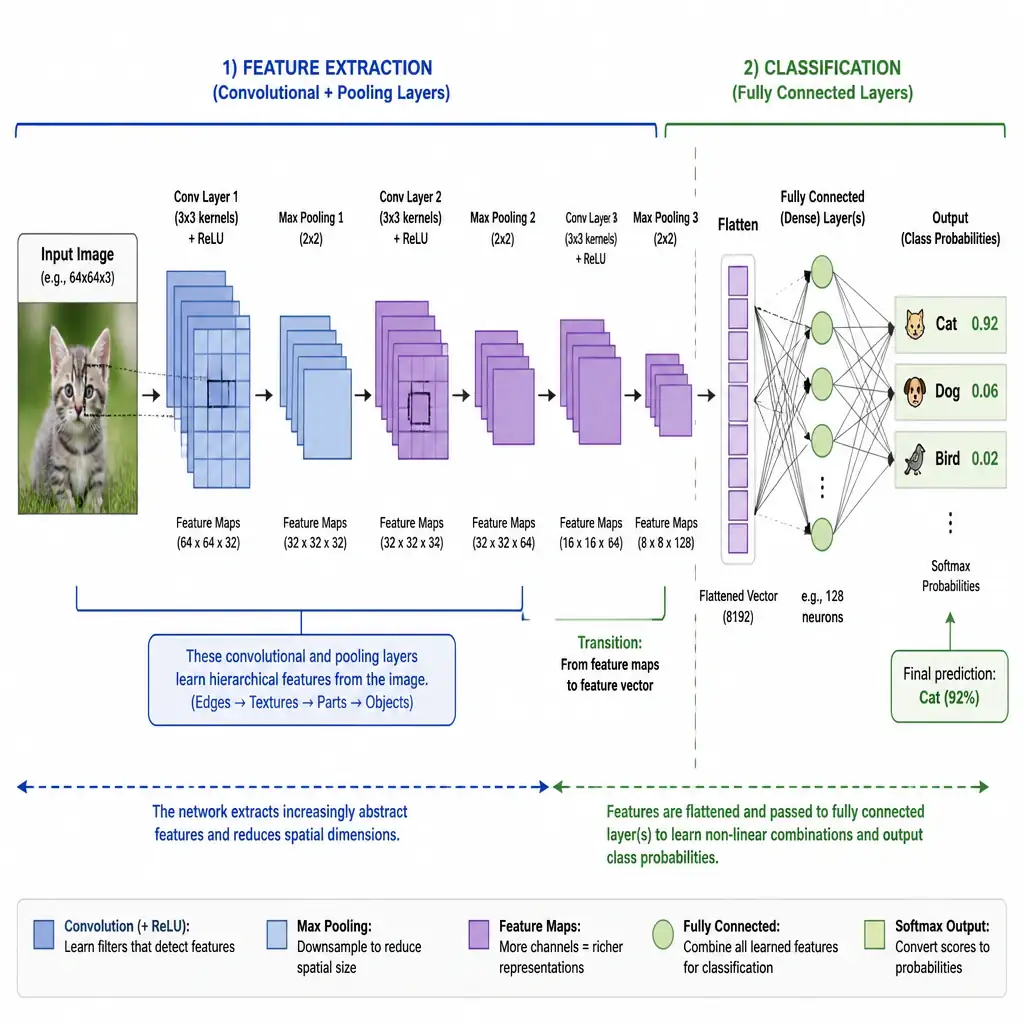 A diagram of a CNN architecture. On the left are convolutional and pooling layers extracting features from an image. On the right, the features are flattened and connected to a fully connected (dense) layer. This layer outputs class probabilities (e.g., Cat, Dog, Bird). Annotations highlight the transition from feature extraction to the final classification decision.