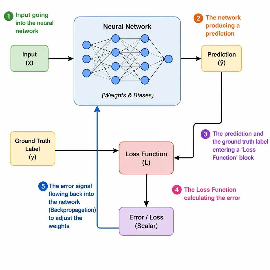 A feedback loop diagram showing: 1. Input going into the neural network, 2. The network producing a prediction, 3. The prediction and the ground truth label entering a 'Loss Function' block, 4. The Loss Function calculating the error, and 5. The error signal flowing back into the network (Backpropagation) to adjust the weights.