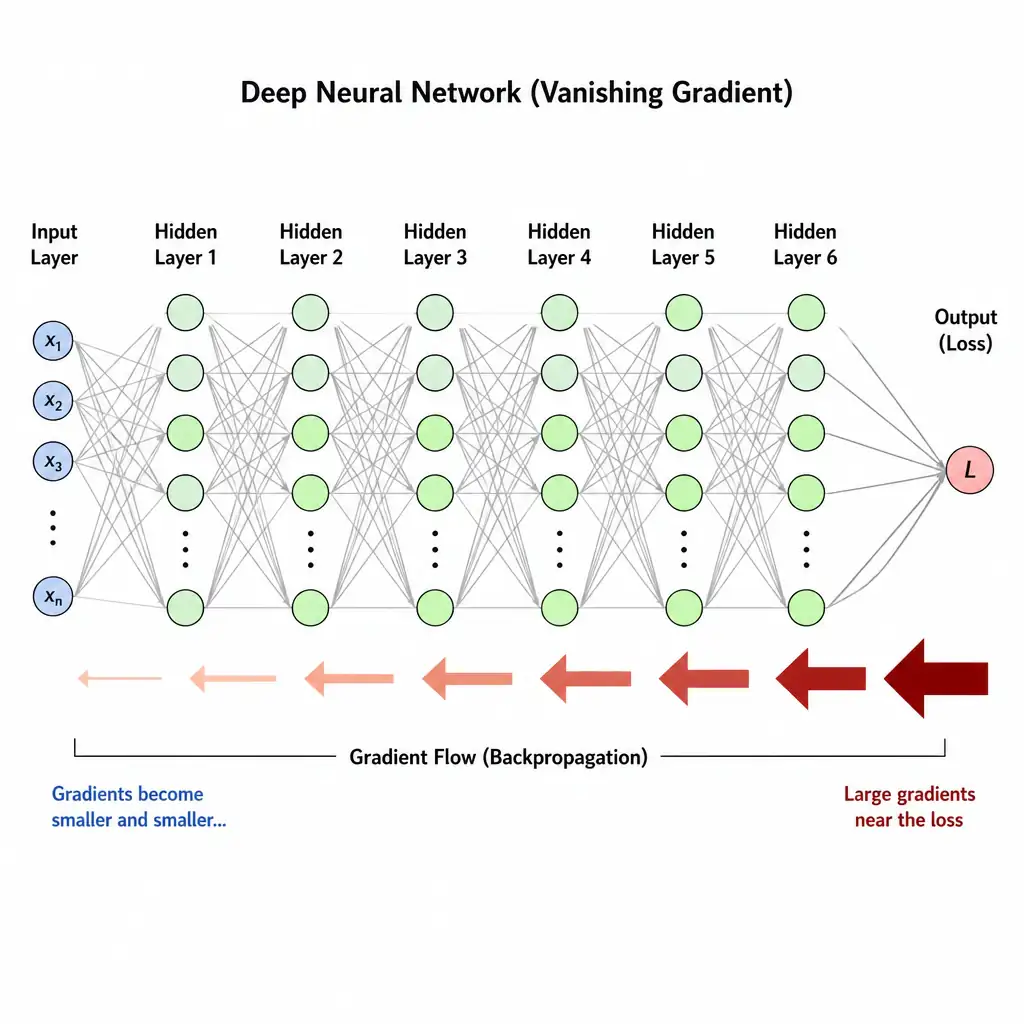 A diagram of a deep neural network with 5+ hidden layers. Gradient flow arrows pointing backwards from the loss output on the right to the input layer on the left. The arrows start thick and dark on the right, but shrink and fade to thin, light lines as they reach the left side, representing the vanishing gradient.