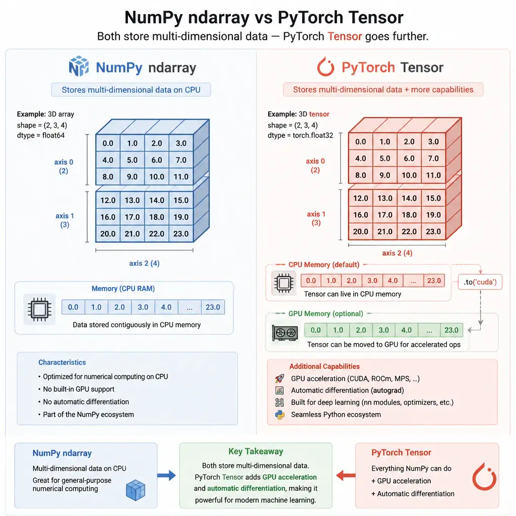 Visual representation comparing a NumPy ndarray and a PyTorch Tensor, showing how both store multi-dimensional data, but highlighting that the PyTorch Tensor is capable of being offloaded to GPU memory for accelerated operations and automatic differentiation.