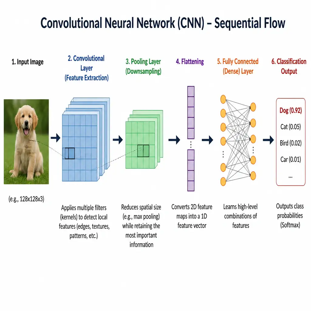 Diagram showing the sequential flow of a CNN: Input Image -> Convolutional Layer (feature extraction) -> Pooling Layer (downsampling) -> Flattening -> Fully Connected/Dense Layer -> Classification Output.