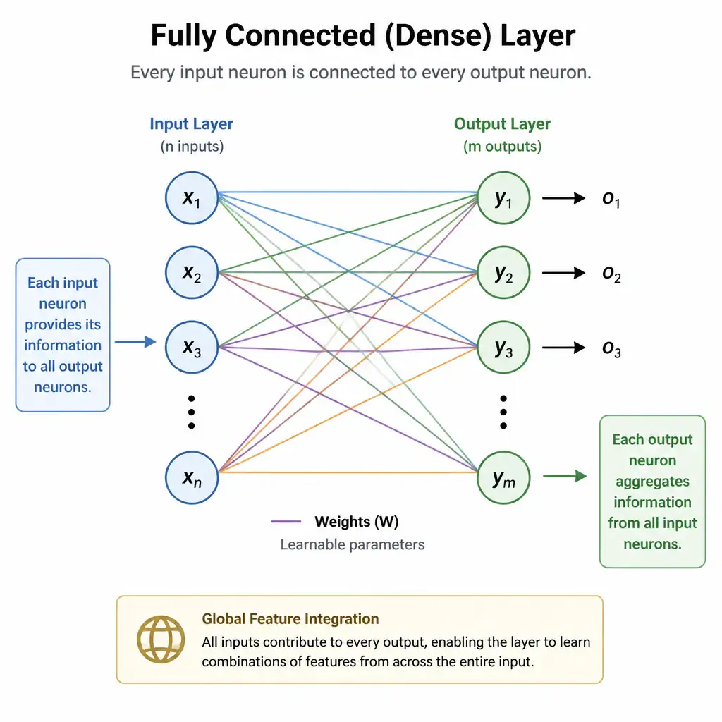 Diagram of a fully connected (dense) layer showing a set of input neurons completely connected via lines (representing weights) to every neuron in the output layer, illustrating global feature integration.