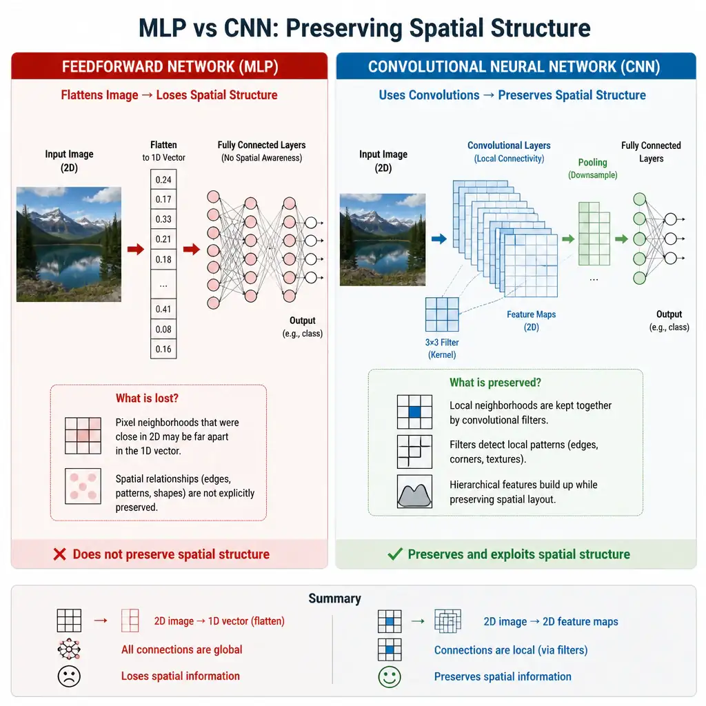 Comparison graphic showing a standard Feedforward Network (MLP) flattening an image input into a 1D vector and losing spatial structure, contrasted with a Convolutional Neural Network (CNN) passing the 2D image through convolutional filters to preserve and extract local spatial features.