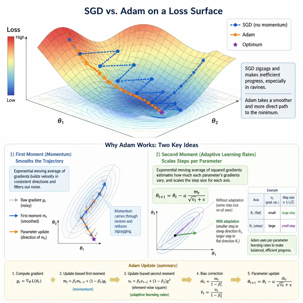A conceptual comparison diagram showing standard SGD vs. Adam optimizer path on a loss surface. The diagram should highlight the components of Adam: the first moment (momentum) smoothing the trajectory, and the second moment (adaptive learning rates) scaling steps individually for parameter axes.