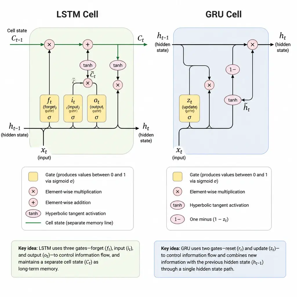 A side-by-side architectural comparison of an LSTM cell and a GRU cell. The LSTM cell diagram should show the input, forget, and output gates along with the separate cell state ($Ct$) line. The GRU cell diagram should show the reset and update gates acting on a single hidden state ($ht$) flow.