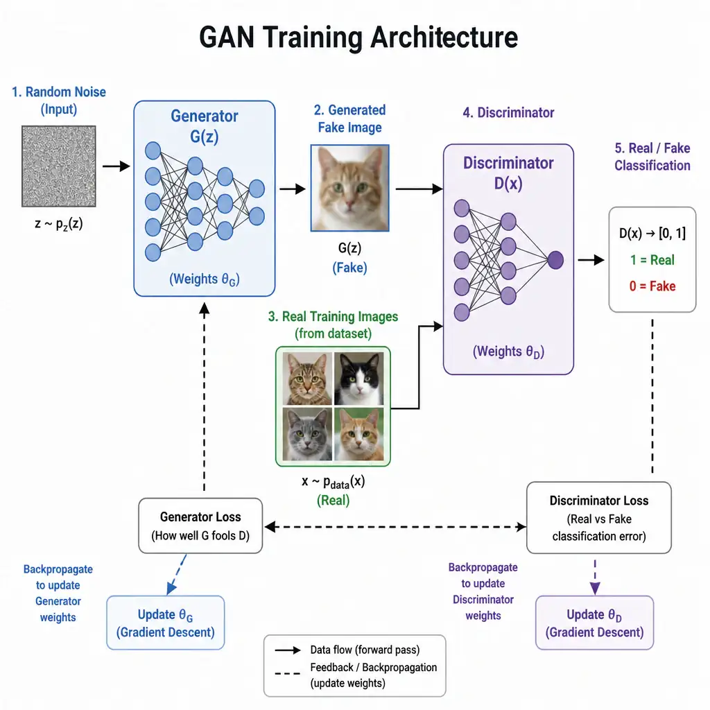 A diagram illustrating the GAN training architecture. It should show random noise entering a Generator network to produce a fake image, real training images, and both being fed into a Discriminator network which outputs a real/fake classification, with feedback loops adjusting weights for both networks.