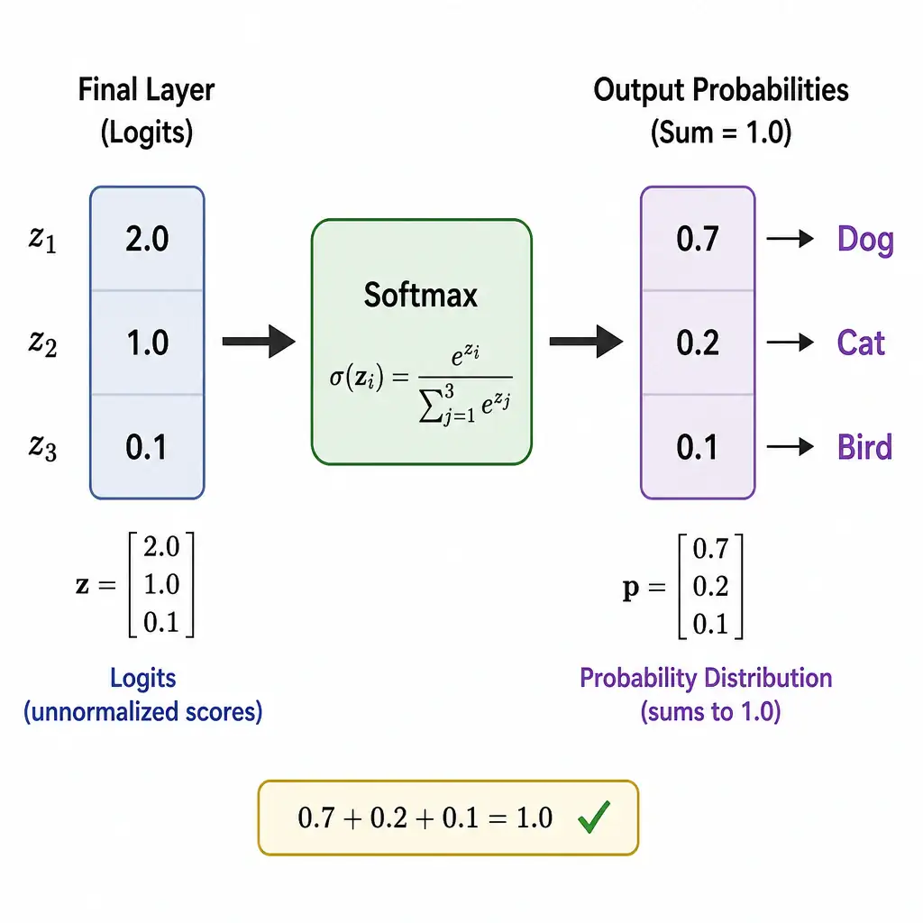 A diagram showing the final layer of a neural network processing 3 logits (e.g., [2.0, 1.0, 0.1]) passing through a Softmax block, which outputs a probability distribution vector (e.g., [0.7, 0.2, 0.1]) summing to 1.0, labeled with class names (e.g., Dog, Cat, Bird).