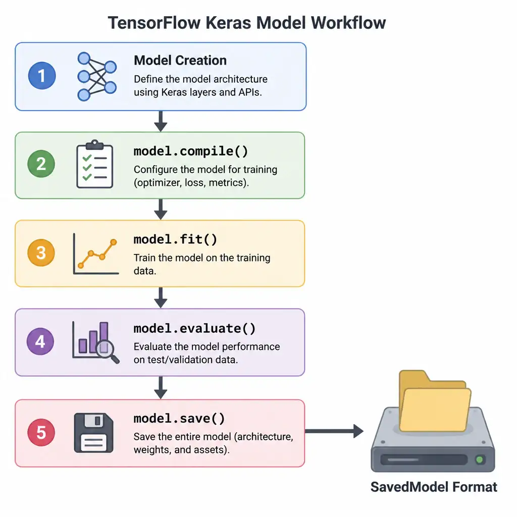 A diagram illustrating the stages of a TensorFlow Keras model workflow: Model Creation -> model.compile() -> model.fit() -> model.evaluate() -> model.save(), with an arrow pointing from model.save() to a folder icon on a disk drive labeled "SavedModel Format".